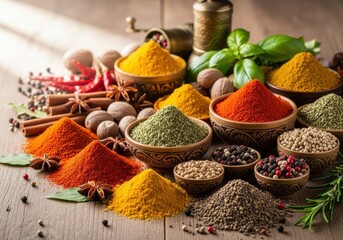 Exotic spice arrangement featuring a variety of culinary seasonings and herbs
