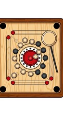 Illustrated Carrom Board Game Close-up with Striker and Pieces Concept