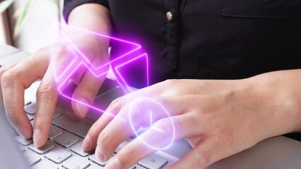 Email with date sent. Hands of a female executive focused while working on her laptop, a virtual icon of a mail envelope with a clock.
