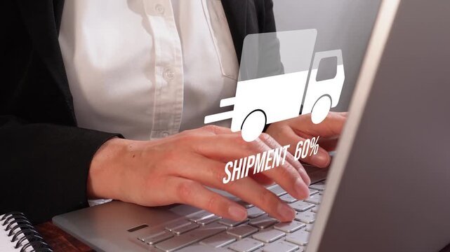 Close-up of a businesswoman's hands working on her personal computer with an animated delivery truck icon and a percentage counter from 0 to 100.