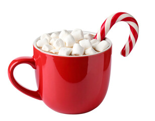 Red Holiday Mug with Marshmallows and Candy Cane, Festive Hot Chocolate, Isolated on Transparent Background