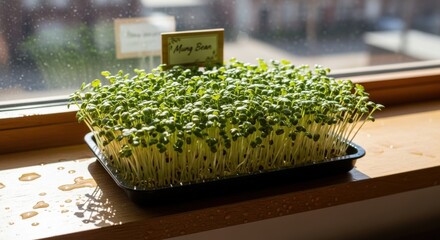 Close-up of fresh mung bean sprouts growing in a tray near a window