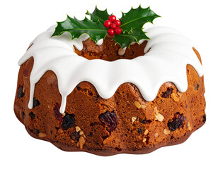 Traditional Christmas Fruit Cake with Icing and Holly Decoration, Isolated on Transparent Background