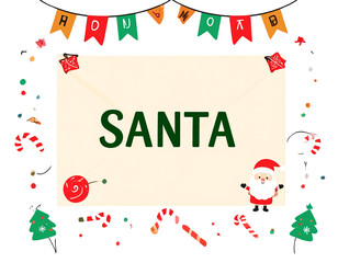 Cute Cartoon Letter to Santa with Holiday Decorations, Vector Style, Isolated PNG