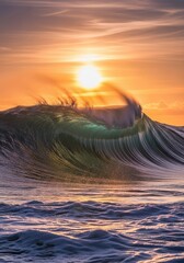 Ocean wave during golden sunset with vibrant hues in the sky