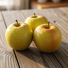 Three golden delicious apples with water droplets resting on a wooden table