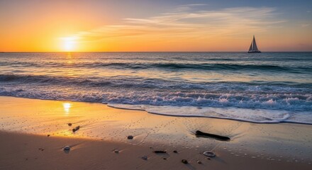 Seascape paradise at golden hour displaying serene water, beach and solitary sailboat in the
