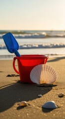 Seaside Serenity: A Child's Paradise on the Beach with Bucket, Shells and Golden Sunlight