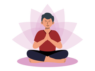 Young man meditates in a cross-legged sitting position, both hands joined in front of her chest. Meditation vector illustration. Flat illustration concept.