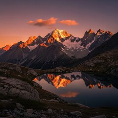 Serene alpine glow reflecting over tranquil lake waters at sunset mountain scenery