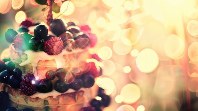 Colorful Berry Topped Cake with Fresh Fruit and Cream on Bright Bokeh Background