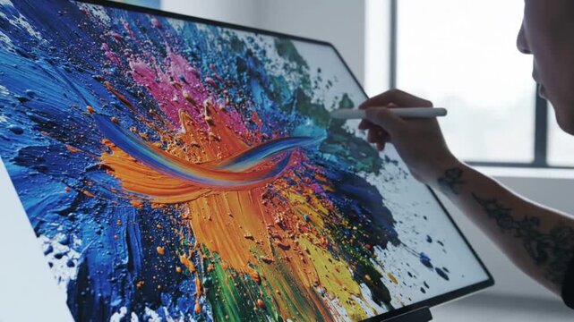Close-up of a persons hand using a stylus to create vibrant digital art on a large screen, showcasing a burst of colorful paint strokes and artistic expression.