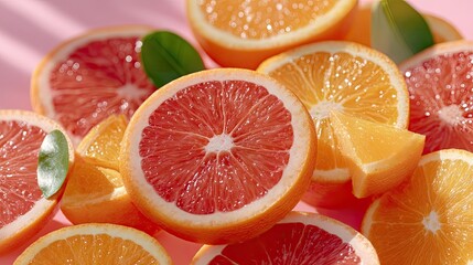 Vibrant Close Up Overhead View of Fresh Sliced Oranges and Grapefruits on a Soft Pink Background with Bright Sunlight Casting Shadows and Highlights