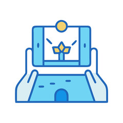 Abstract illustration of hands holding a smartphone displaying a digital landscape view