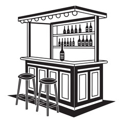 Fototapeta premium Illustration of a bar counter with shelves and stools tavern drinks