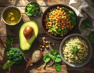 Overhead View of Healthy Food Ingredients on Rustic Wooden Table with Natural Light
