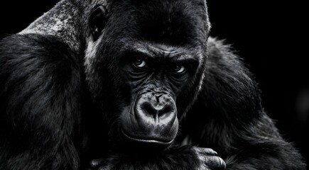 Beautiful Portrait of a Gorilla. Male gorilla on black background, severe silverback, anthropoid ape.