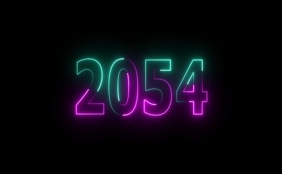 Neon illuminated year two thousand fifty four on a black backdrop with bright vibrant colors glow effect