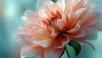 Fototapeta premium Close Up Shot of a Delicate Peach Colored Dahlia Flower with Soft Petals Against a Blurred Green And Blue Background