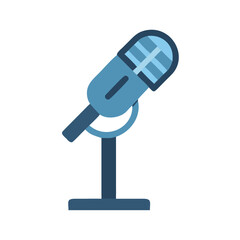 Blue microphone on a stand against a black background representing podcasting