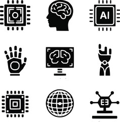 Future Technology Solid Icon Set  Quantum Chip, Neural Interface, and AI Innovations