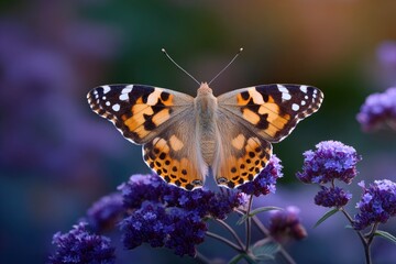 Butterfly rests on purple flowers with wings spread showcasing orange black and white patterns