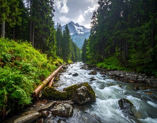 A river rushes through a lush, green forest toward a distant, snow-capped mountain peak