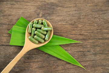Herbal capsules from green pandan leaf herbal on hand for healthy eating in daily life