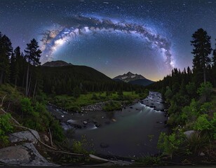 A river winds through a forest beneath a vast, arched Milky Way on a clear night