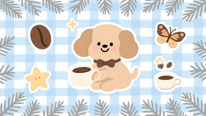 Cute pet coffee-themed cartoon illustration with cozy elements.