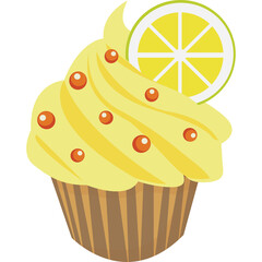 A Delicious Lemon Cupcake Topped With Swirled Yellow Frosting And Candied Orange Sprinkles Adorned With A Fresh Lime Slice On Top With A Brown Striped Wrapper And A Transparent Background