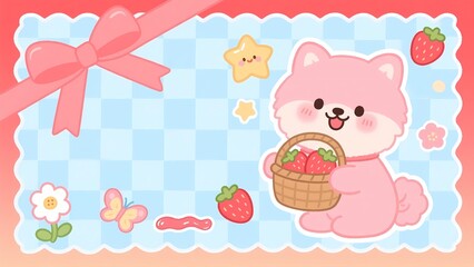 Cute cartoon pet picking strawberries illustration with sweet elements.
