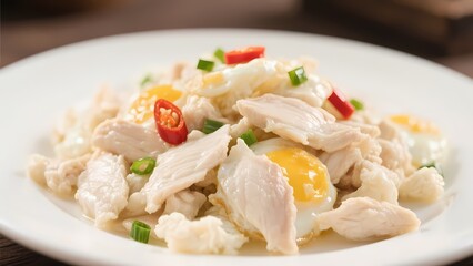 Scrambled eggs with tender chicken breast.