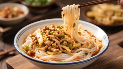 Chinese minced meat rice noodles with savory topping.