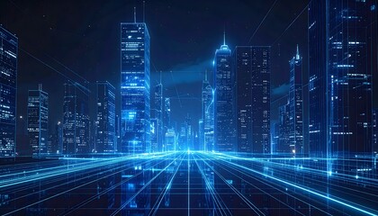 Futuristic Cityscape at Night with Glowing Blue Lines