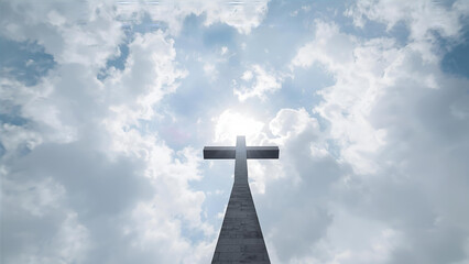 Cross in the blue sky with clouds, ai