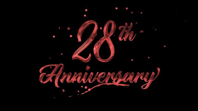28th anniversary text animation in red metallic effect. suitable for celebrating special occasions, invitations, anniversary cards and social media. Includes alpha channel for any background.