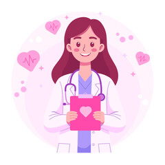 Medical Checkup and Health. Woman with Stethoscope and Heart Vector