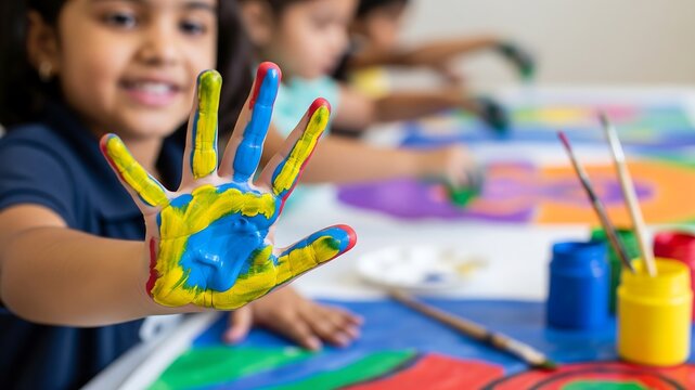 Creative Kids' Canvas: A young girl proudly displays her hand covered in vibrant paint during an art class, showcasing creativity and collaborative teamwork with classmates. - Powered by Adobe
