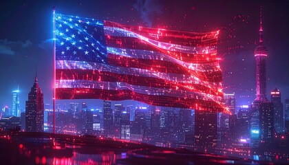 Neon USA Flag Skyline Cityscape Patriotic Image