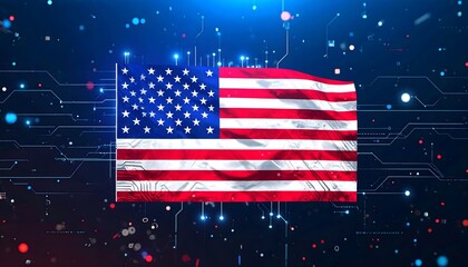 American Flag with Tech Circuitry Background