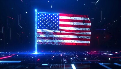 Patriotic Tech: Digital USA Flag with Circuit Board and Neon Lights