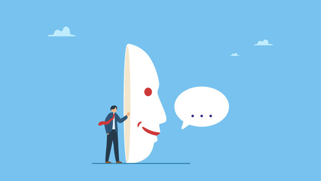 Dishonest businessman hiding behind disguise mask pretend to lying. Dishonesty, lies or scam, fraud or fake hiding behind disguise mask, business cheating or suspicion false or fake news.