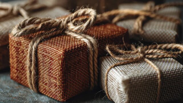 A brown box with a bow on it is sitting on a table. Macro shot of eco gift boxes tied with jute string, minimal rustic Christmas wrapping concept, eco rustic christmas home