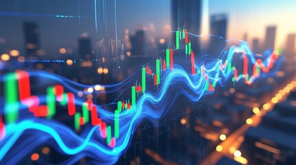 Stock market chart with green and red candles over city skyline at dusk showing economic trends