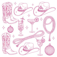 Collection of Western and country-themed line art elements: cowboy boots, hats, cocktails, and disco balls.