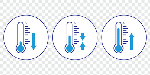 Set of temperature icons. Vector thermometer showing the temperature. Thermometer symbols, temperature scale, weather icons. Thermometer temperature up and down icon. Vector illustration, eps 10.