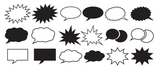 Stylized speech bubbles and starburst shapes and outline, Comic book speech bubbles and sound effects shape and outline vector, Hand drawn speech bubbles and comic book style explosion shapes