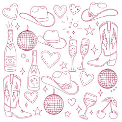 Outline Pink Western Cowgirl Party Elements Vector Set with Hats, Boots, Champagne and Disco Balls