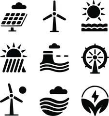 Renewable Energy Solid Icon Set  Solar, Wind, and Hydro Power